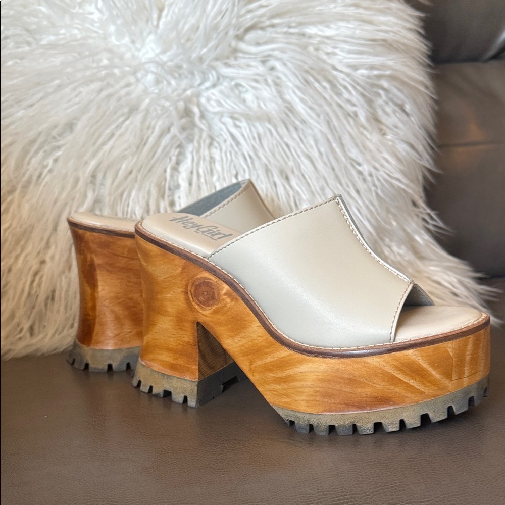 CORKYS SZ 7 ‘Block Party’ Cream and Wood Platform Mules